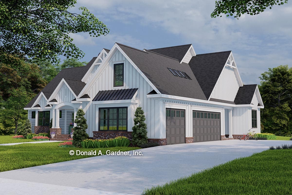 House plan exterior: Modern Farmhouse style, two stories, prominent gables, covered entry, and a three-car garage.