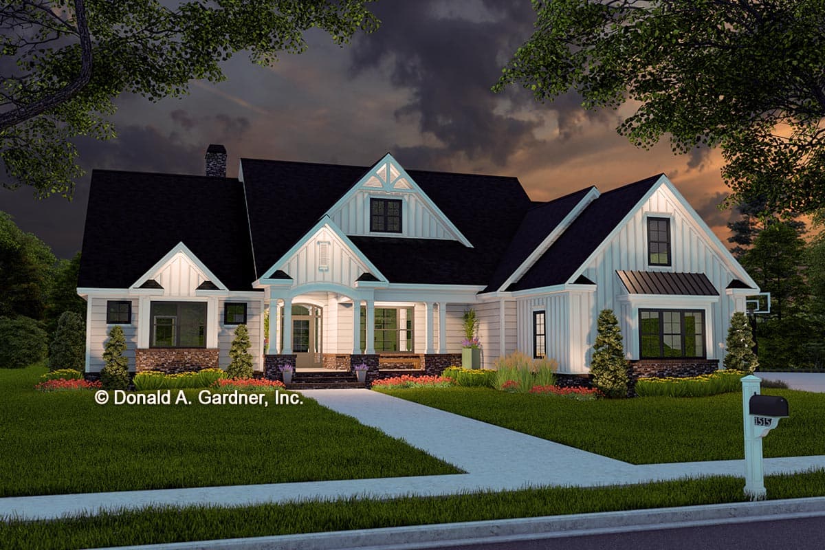House plan exterior: Modern Farmhouse style, one story, with a covered front porch, gables, board and batten siding, and stone accents.