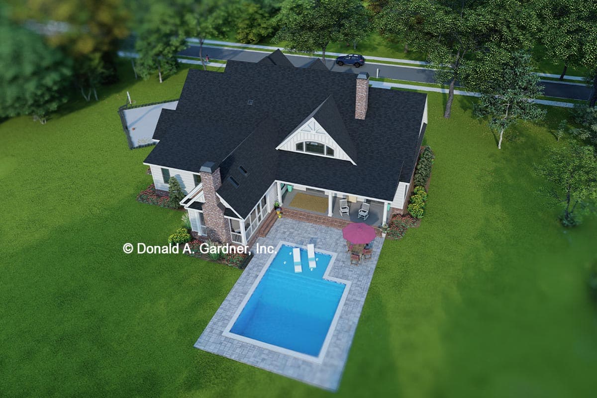 House plan exterior, two stories, white siding, multiple gables, brick chimney, covered porch, and swimming pool.