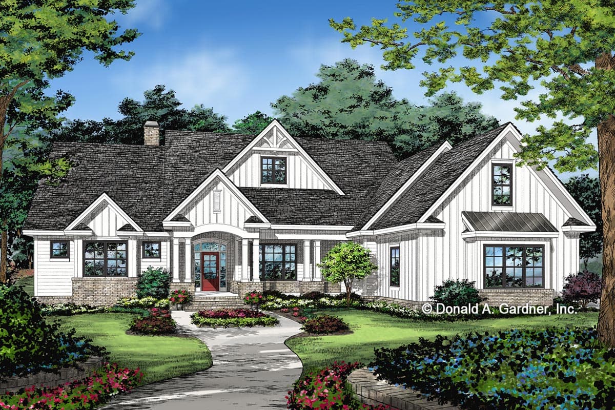 House plan exterior: Modern Farmhouse style, one story, featuring a covered front porch, gables with board and batten siding, and brick accents.