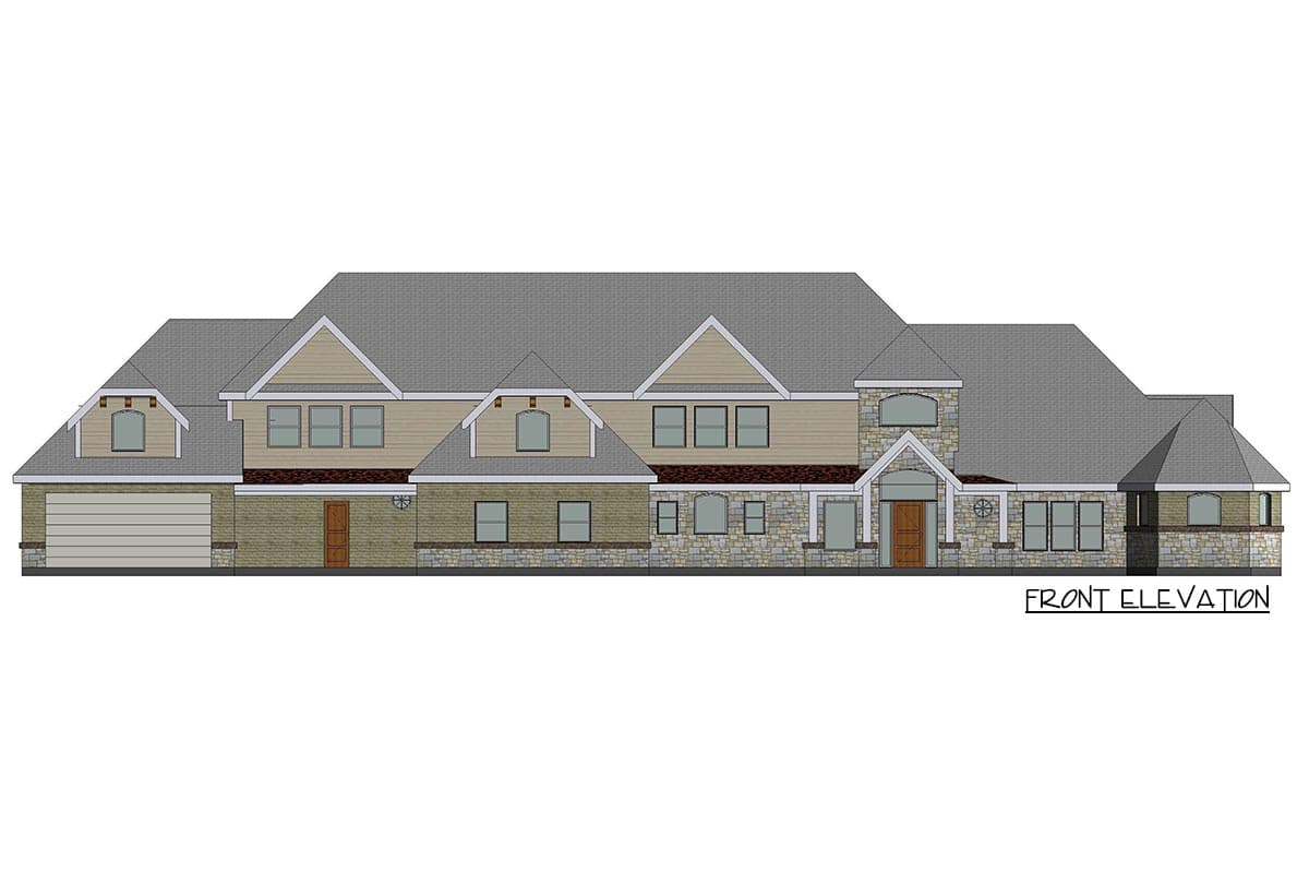 Front elevation drawing of a multi-story house with gables, dormers, stone accents, and attached garage.