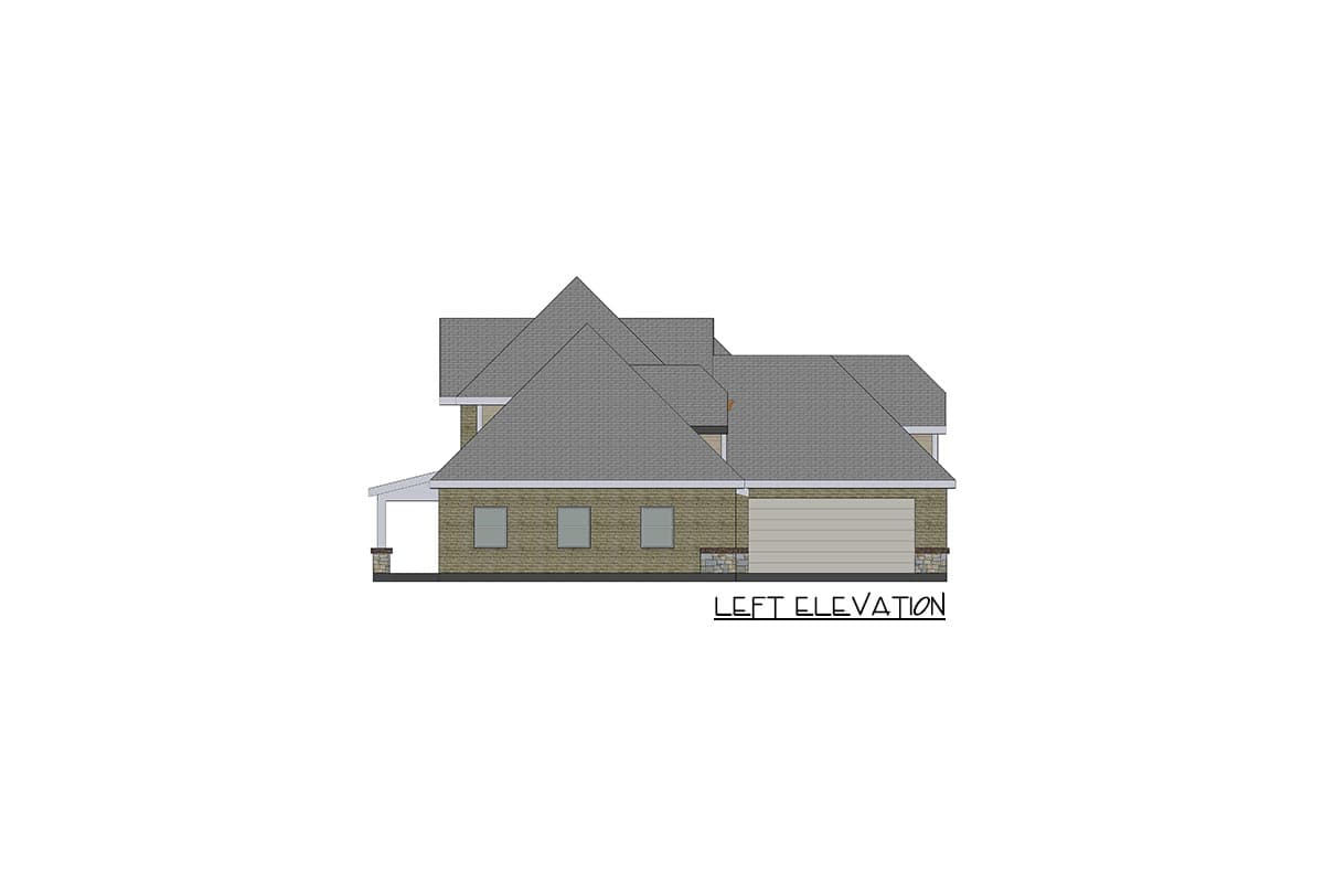 Left elevation of a two-story house plan, showing brick exterior, covered porch, and two-car garage.