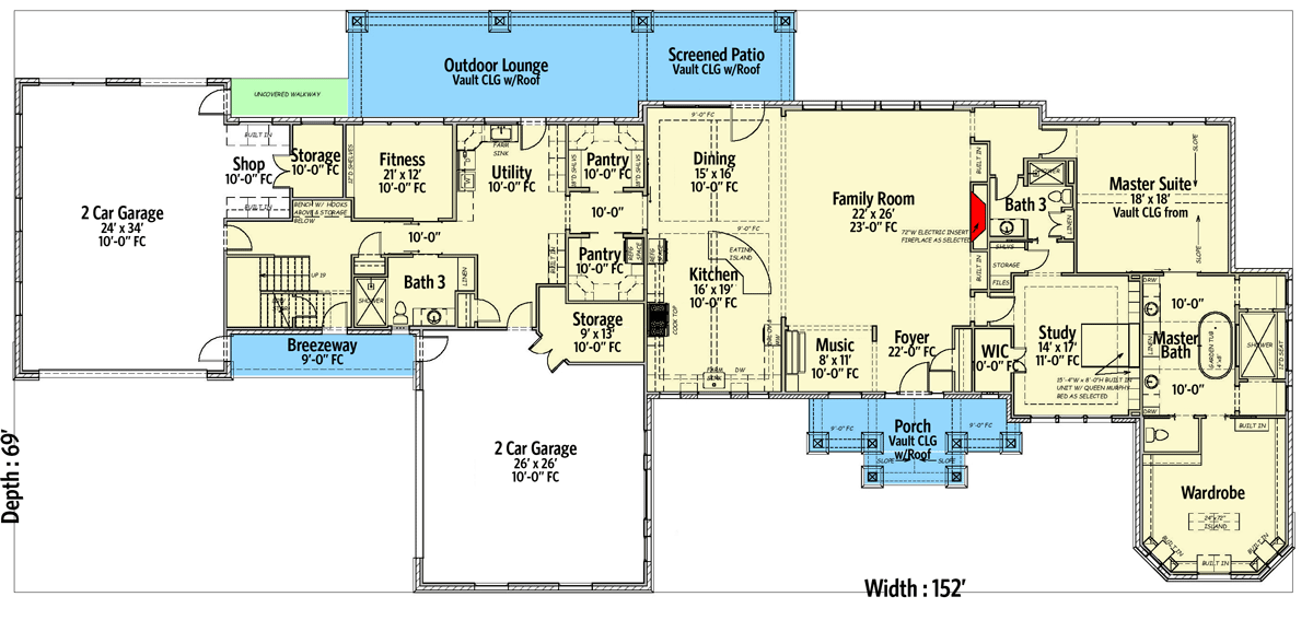 Plan 36667TX: Sprawling Hill Country Home Plan with Barrel-Vaulted Family Room and Bunk Room  - Floor Plan - Main Level - European, Hill Country
