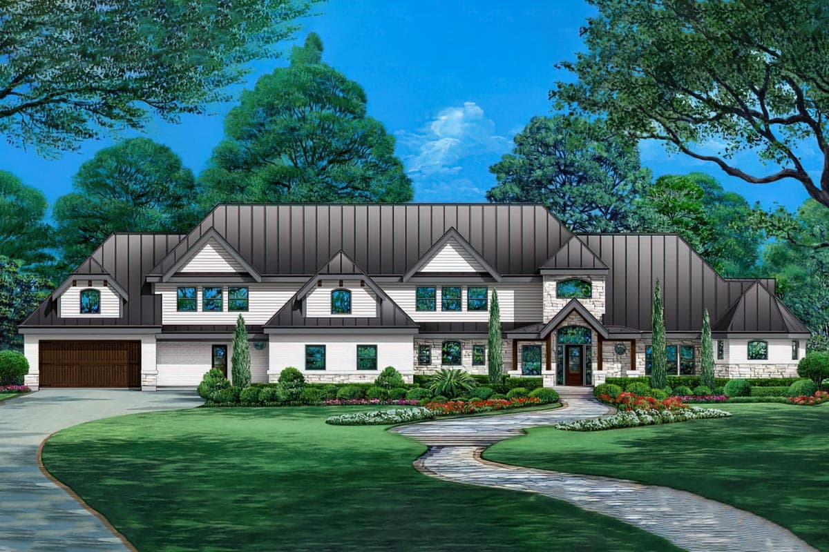 House plan exterior with stone accents, dark metal roof, and multiple gables. Two-story with attached garage and arched entry.