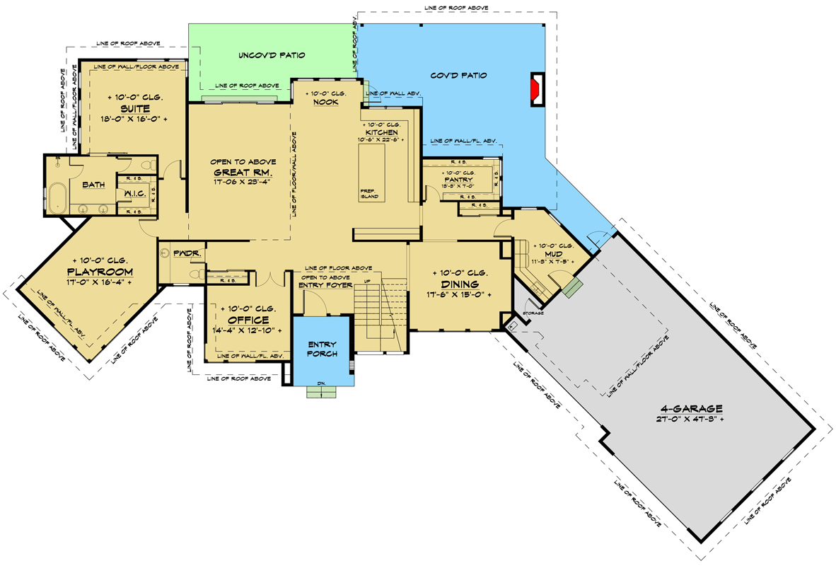 Plan 666128RAF: 2-Story Contemporary Prairie Home Plan with 4-Car Garage and Home Office - Floor Plan - Main Level - Contemporary, Modern, Northwest, Prairie