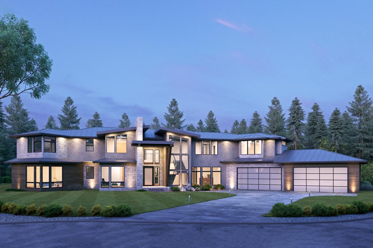 House plan exterior. Two-story modern home with stone and wood accents. Features include a flat roof, large windows, and an attached garage.