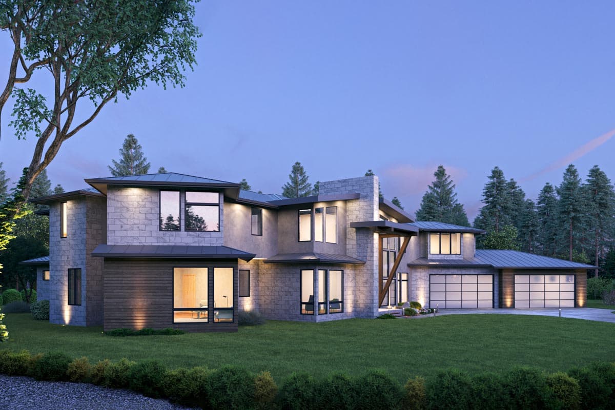 Modern house plan exterior, two stories, with stone facade, flat rooflines, large windows, and a three-car garage.