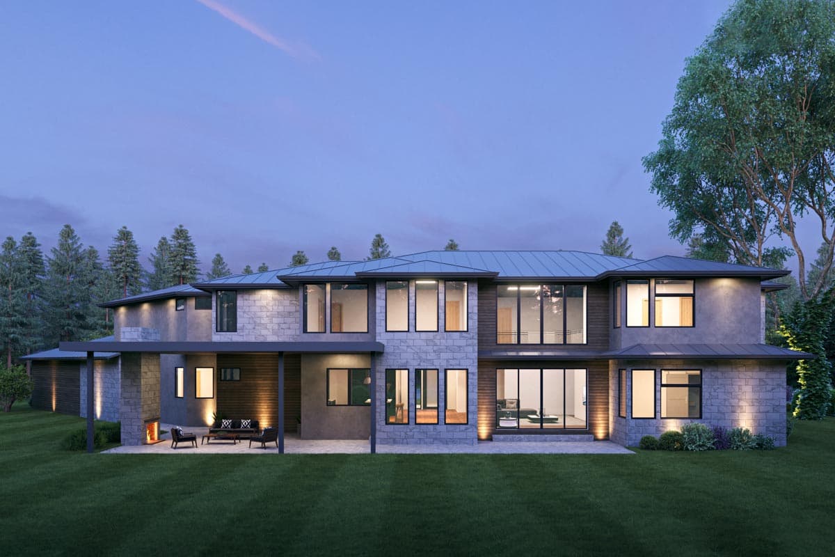 Modern two-story house plan exterior with stone and wood facade, large windows, metal roof, and covered patio with fireplace.