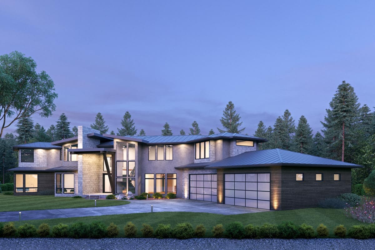 Modern two-story house plan exterior with stacked stone accents, large glass windows, cantilevered rooflines, and a three-car garage.