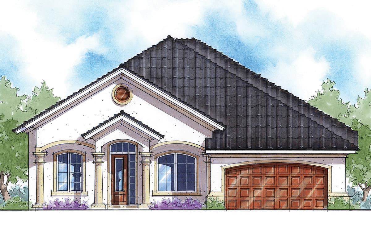 House plan exterior: single-story residence with arched entry, columned portico, decorative gable vent, and carriage-style garage door.
