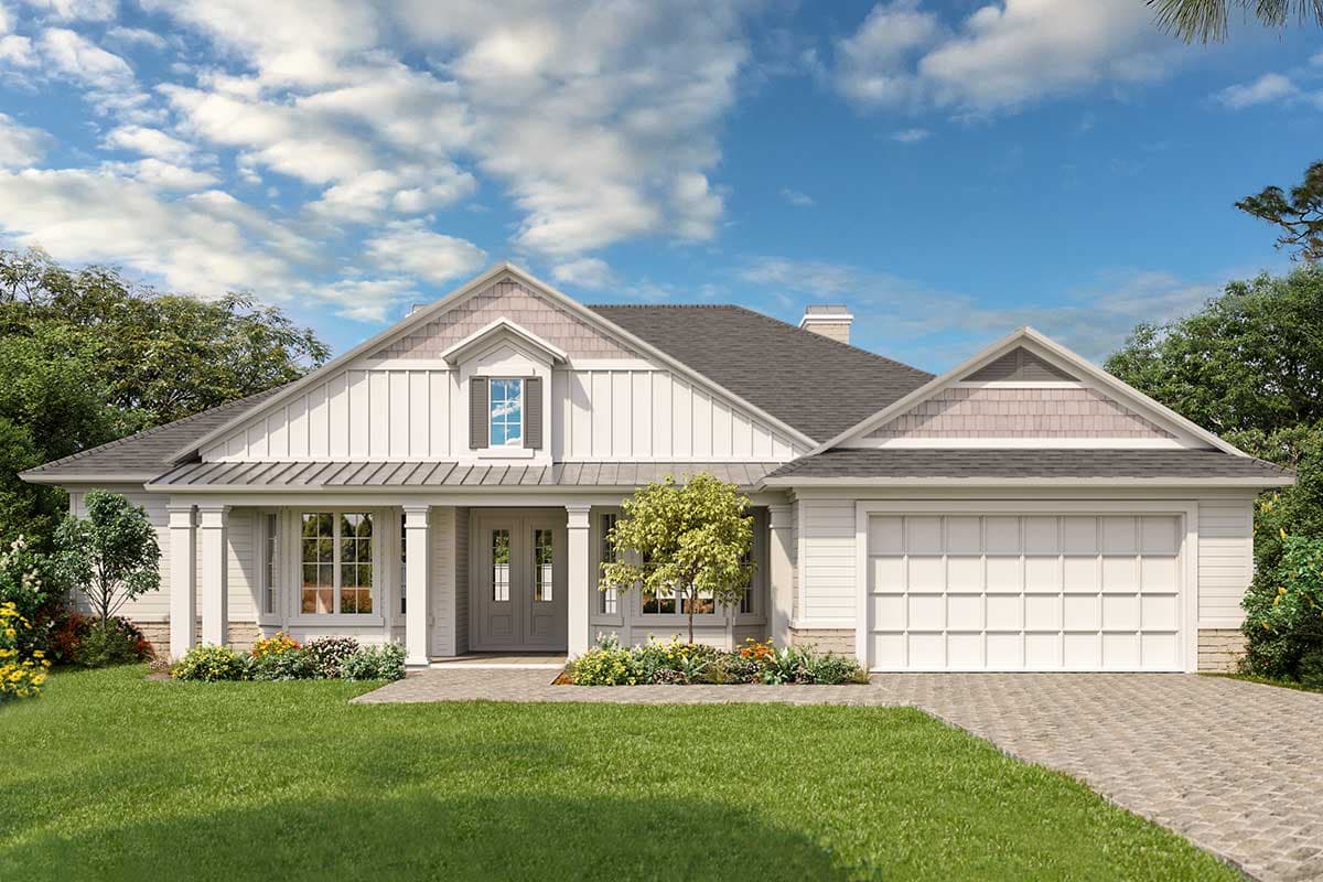 House plan exterior. One-story Modern Farmhouse with porch, gables, and attached garage. Board and batten siding with shake siding accents.