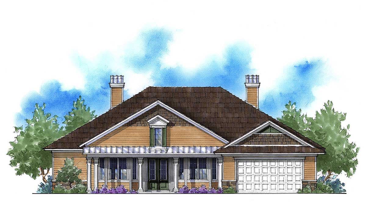 House plan exterior: One-story home with a covered front porch, dual gables, dormer window, and attached two-car garage.