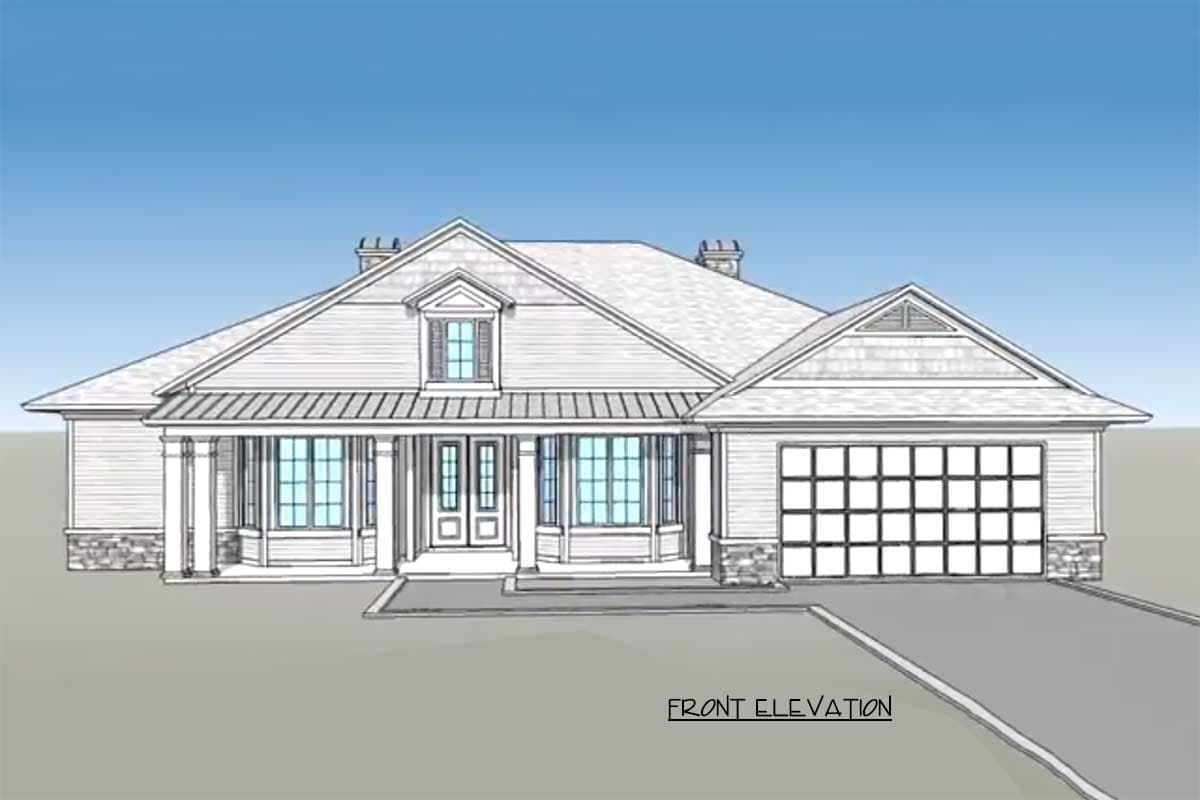 Front elevation drawing of a one-story house with a covered porch, dormer, and attached garage.