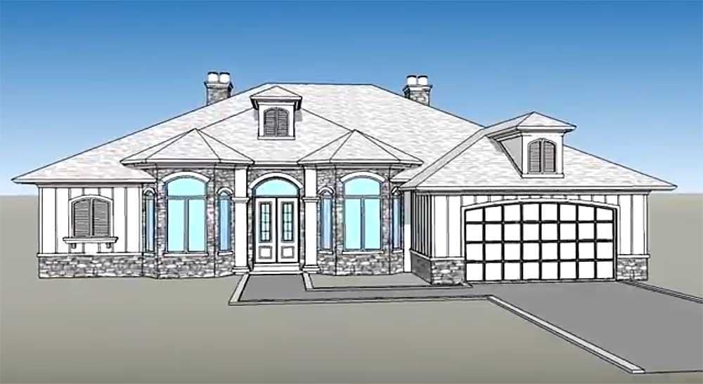 House plan exterior: one-story with stone accents, arched windows, dormers, and a side-entry garage.