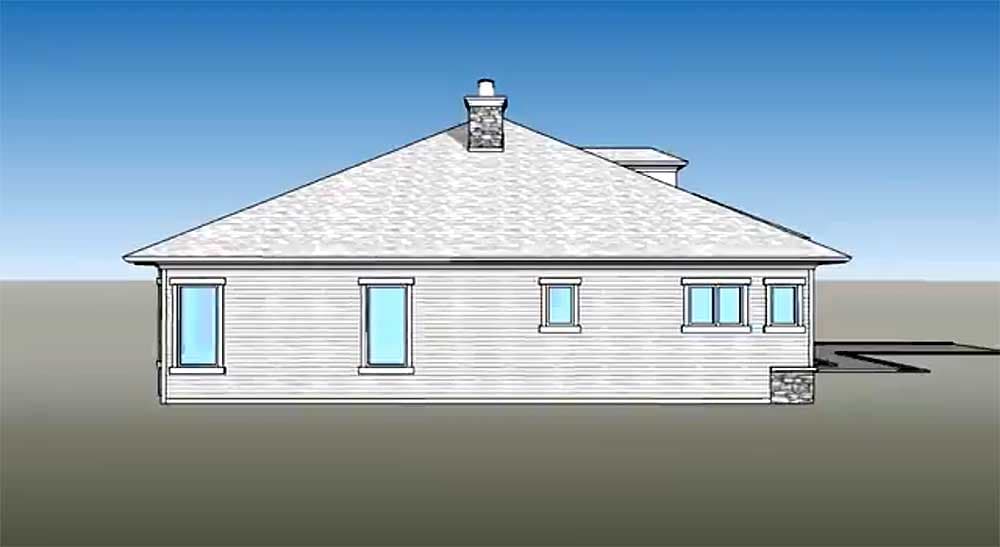 House plan exterior: Single-story home with a prominent gabled roof, stone chimney, and horizontal siding. Features multiple windows.