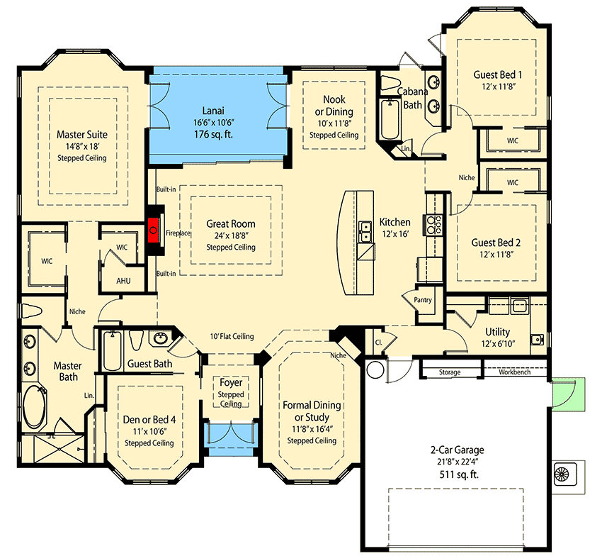 Plan 33074ZR: Mediterranean House Plan with Three Flex Spaces - 2680 Sq Ft - Floor Plan - Main Level - European, Florida-Style, French Country, Mediterranean