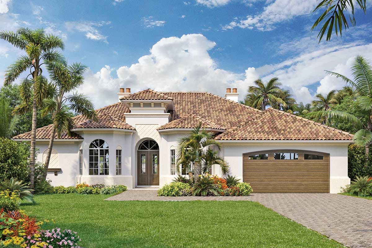 House plan exterior. Mediterranean style, one-story home with tile roof, arched entryway, and attached garage with wood door.