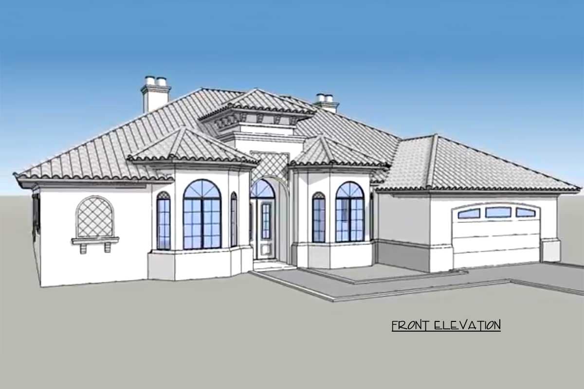 House plan front elevation featuring arched windows, a tile roof, and a three-car garage.