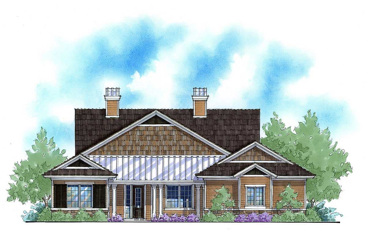 House plan exterior: One-story house with a central gabled section, two chimneys, deep eaves, and a covered front porch supported by columns.