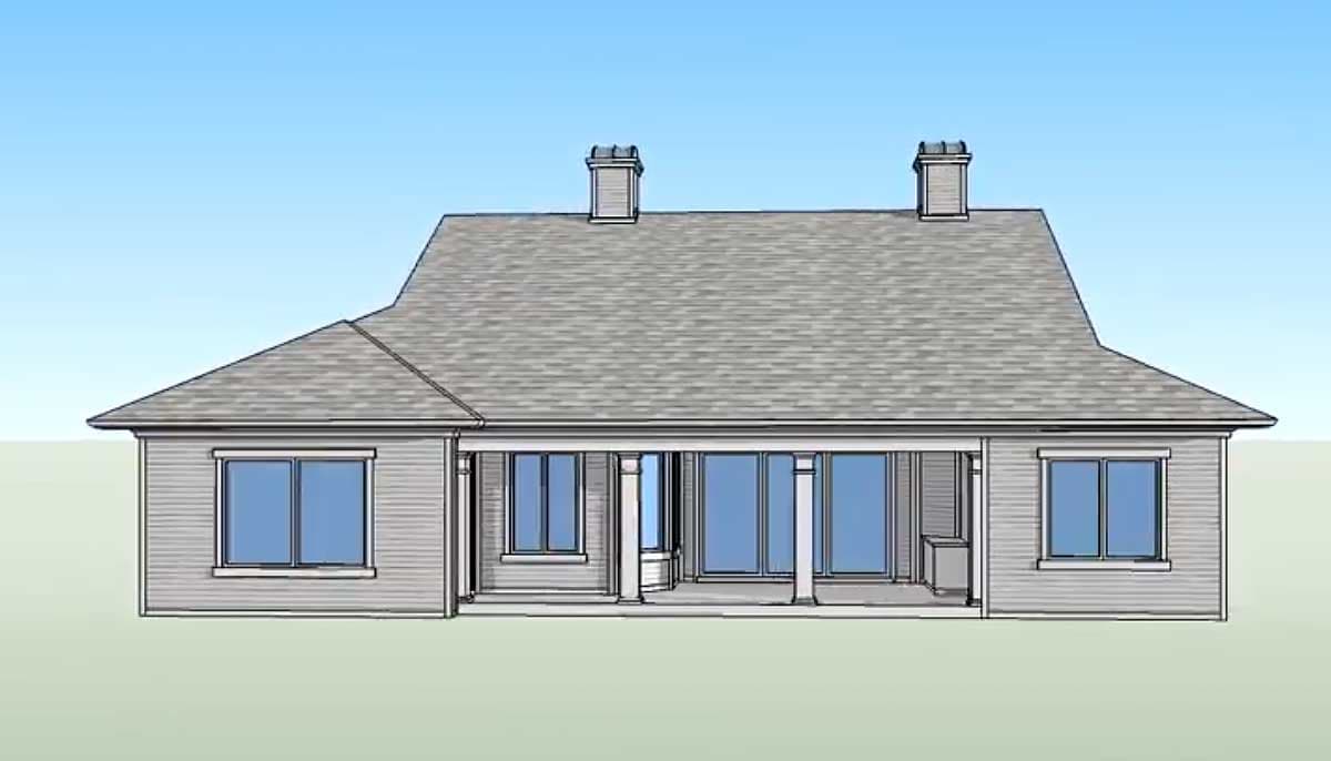House plan exterior: single-story, hip roof, two chimneys, wide porch with columns, and large glass doors.