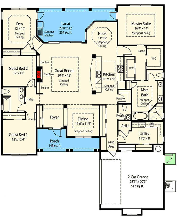 Plan 33075ZRX: Home Design with Private Master Retreat & Options - Floor Plan - Main Level - Southern, Traditional
