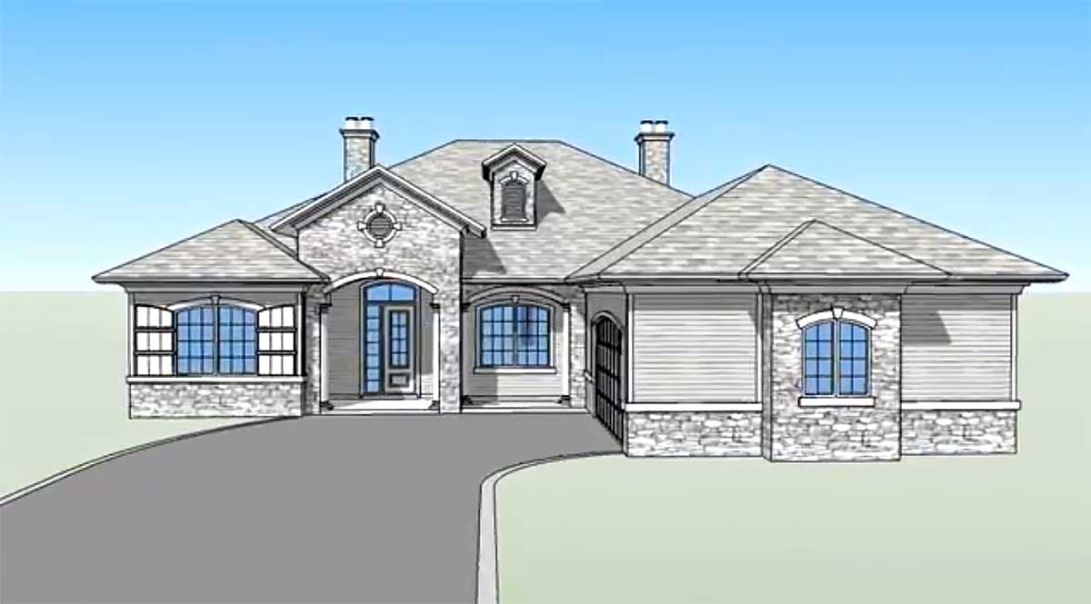 House plan exterior: single-story home with stone accents, arched entry, dormer, and attached garage.