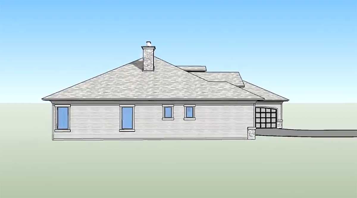 House plan exterior, side view. Features a hip roof, chimney, horizontal siding, multiple windows, and an attached garage with a grid-style door.