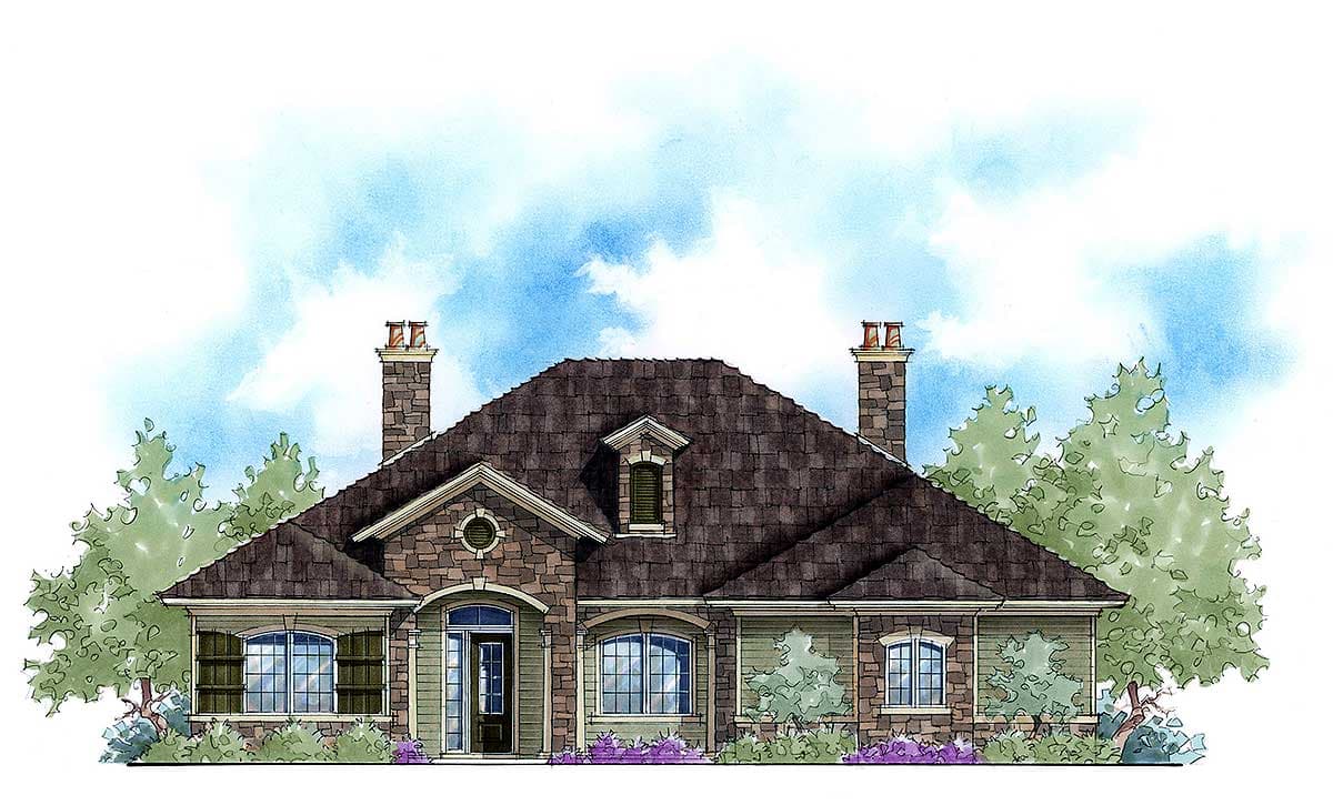 House plan exterior with two stone chimneys, prominent rooflines, arched entry, and multi-pane windows.