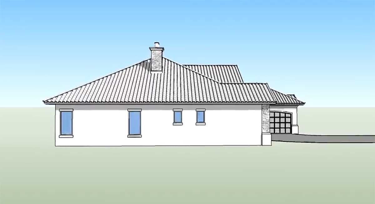 House plan exterior of one-story home with pitched roof, brick chimney, and attached garage with grid pattern doors.