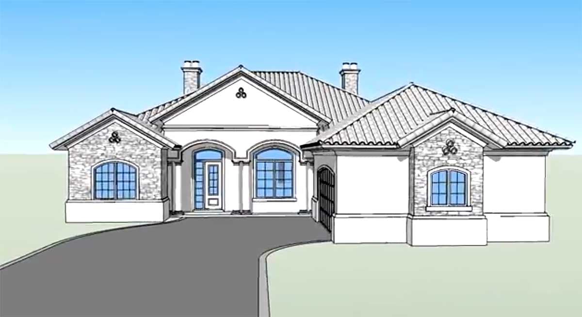 House plan exterior rendering of a one-story home with stone accents, arched windows, dual chimneys, and a tile roof.