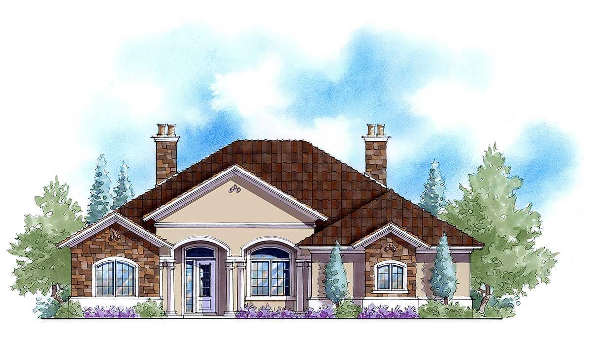 House plan exterior showing a single-story Mediterranean-style home with arched entry, stone accents, and two chimneys.
