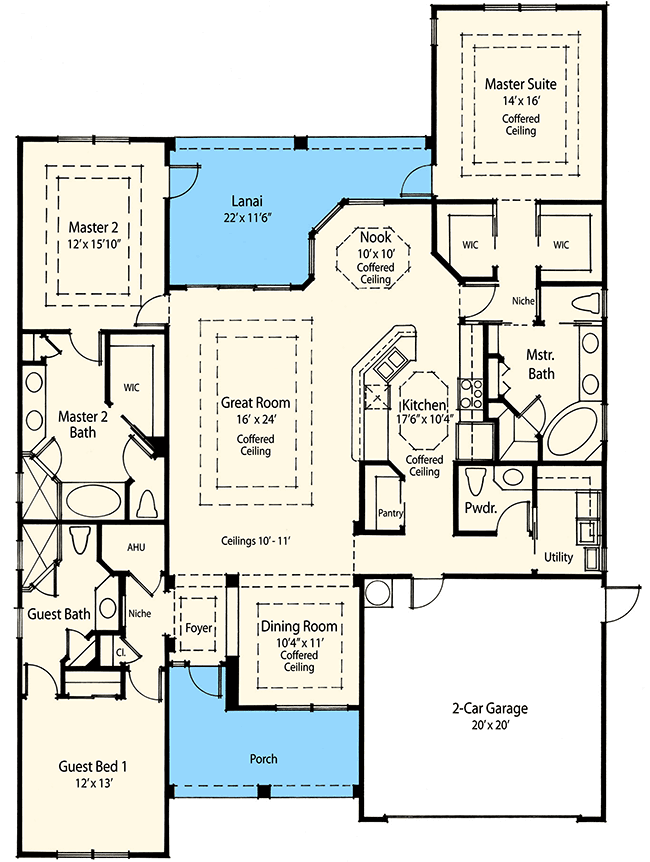 Plan 33078ZRX: One-Story House Plan with Two Master Suites - 2287 Sq Ft - Floor Plan - Main Level - Southern, Traditional