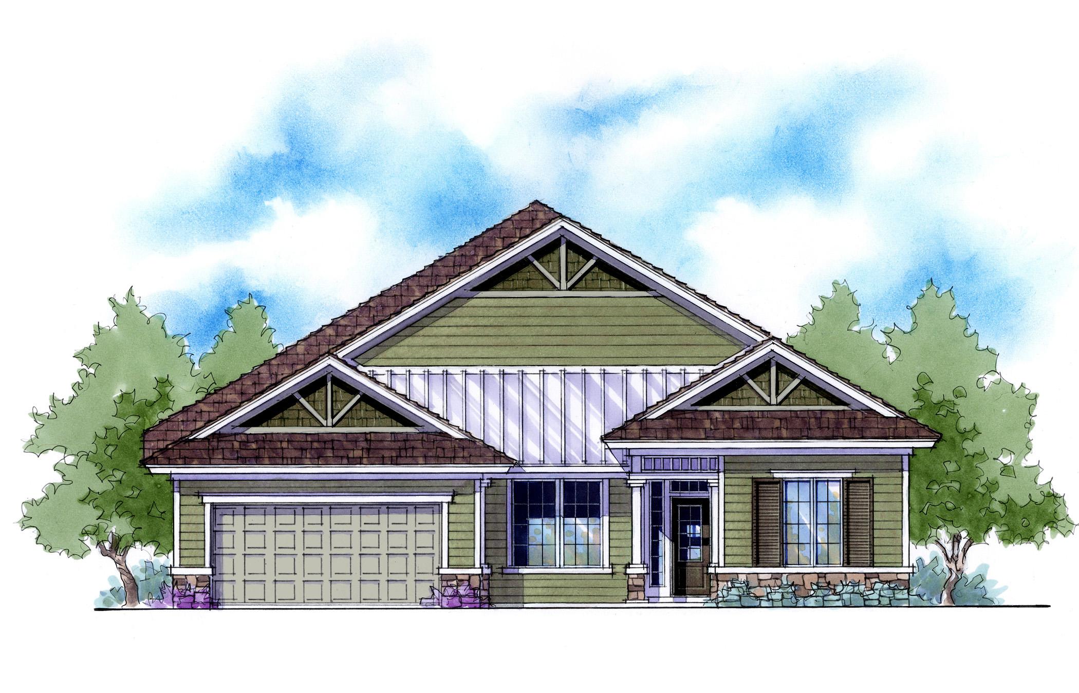 House plan exterior: One-story Modern Farmhouse with gabled roof, front-facing garage, covered entry, and stone accents.