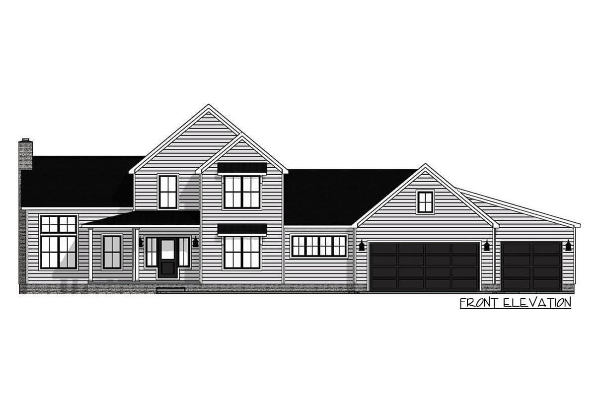 Front elevation drawing of a two-story house plan with a covered front porch, gables, and a three-car garage.