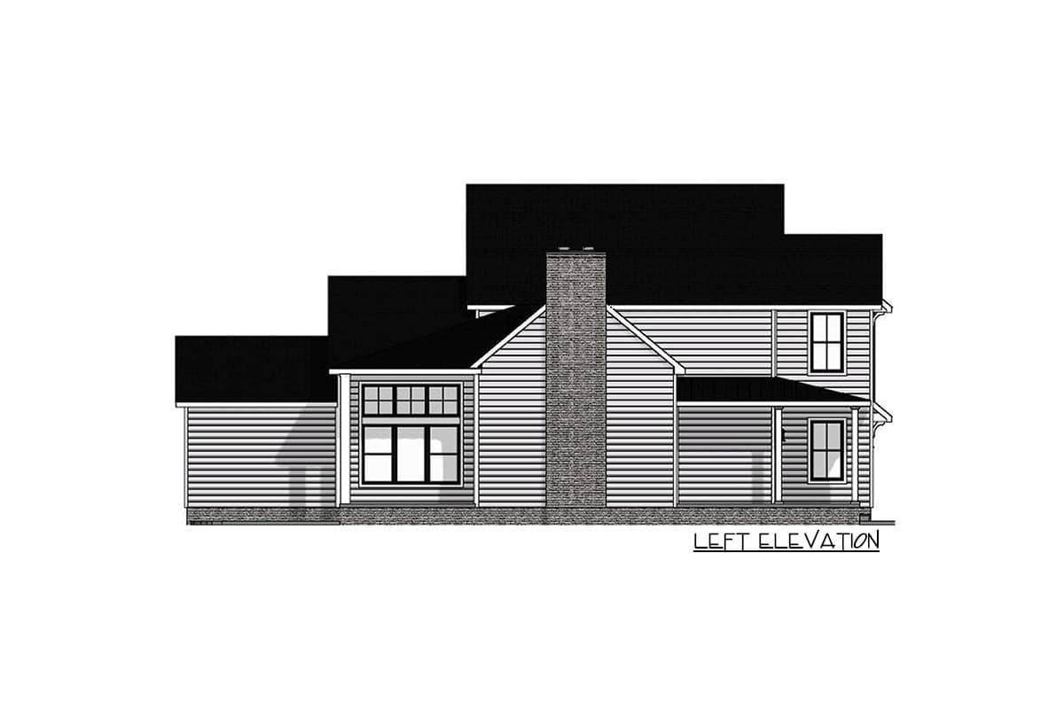 Left elevation house plan drawing showing a two-story home with a brick chimney, gabled roof, and covered porch.