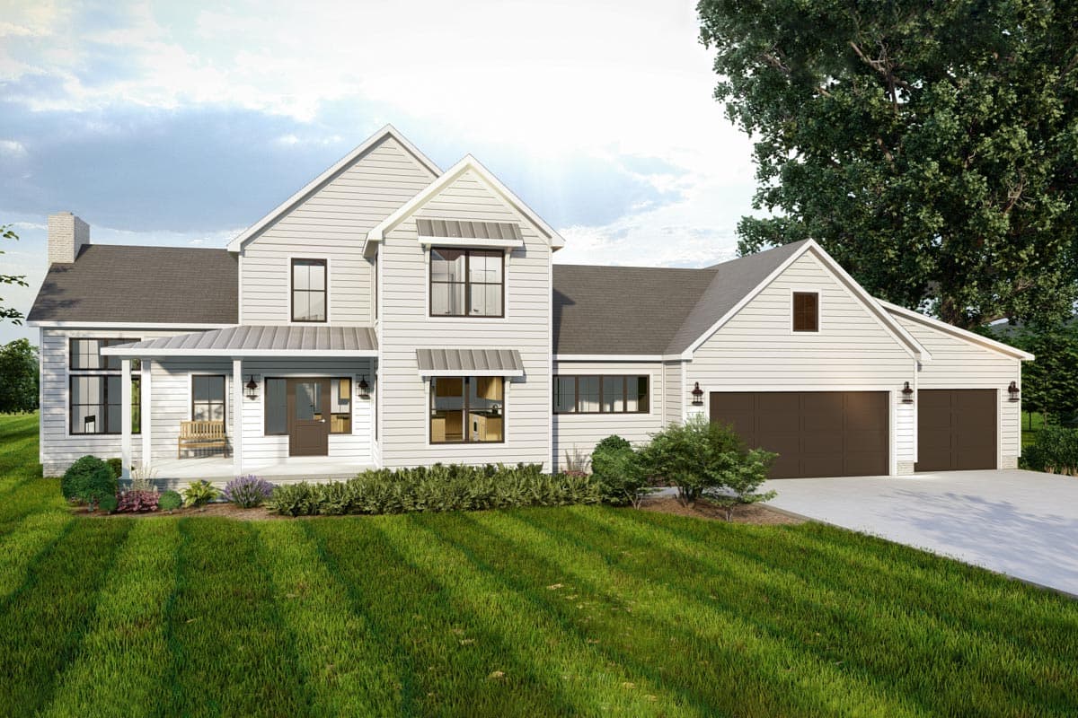 House plan exterior view, Farmhouse style, two stories, with a front porch, gables, and attached garage. Includes a chimney.