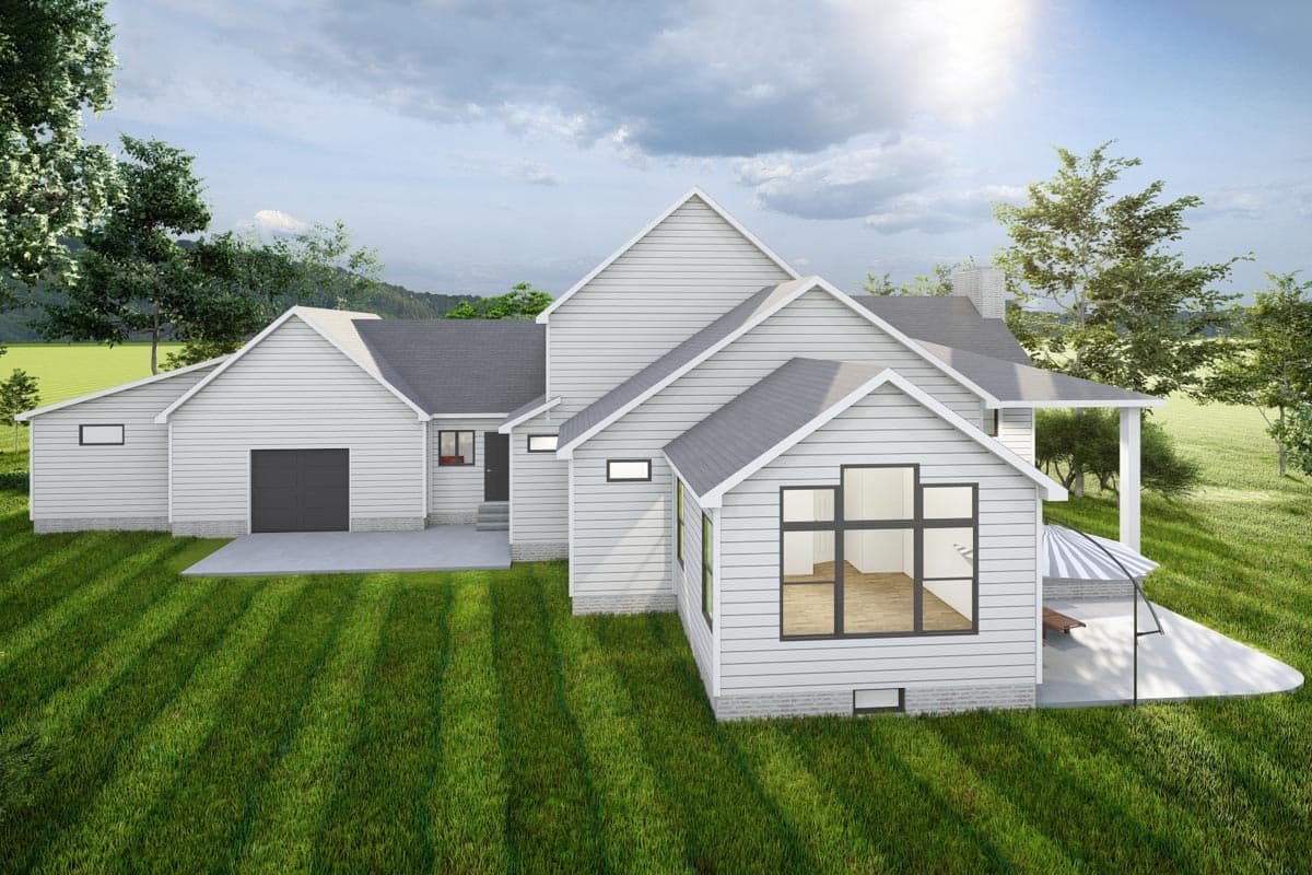 House plan exterior with a modern farmhouse style, featuring a two-car garage, multiple gables, and a covered patio.