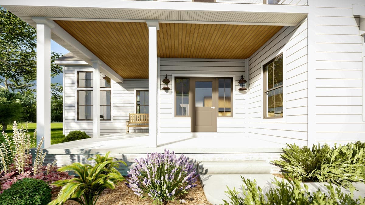 House plan exterior showing a covered front porch with a wood ceiling, white siding, and multiple windows.