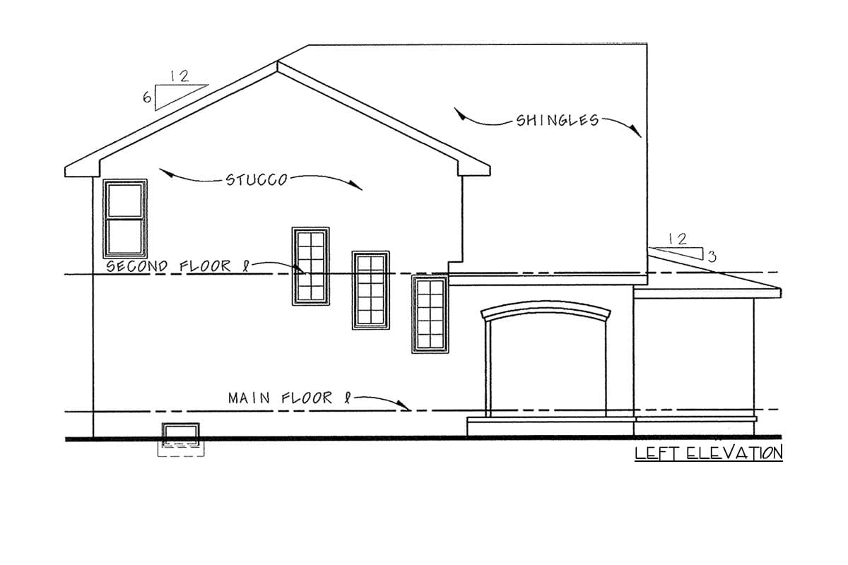 Left elevation drawing showing stucco walls, gabled roof with shingles, multiple windows, and a covered porch with an arched opening.