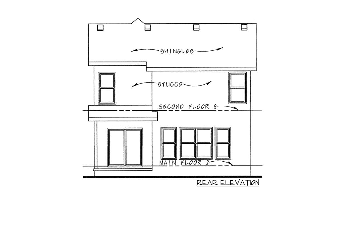 Rear elevation house plan drawing shows a two-story structure with stucco siding, multiple windows, and sliding doors.