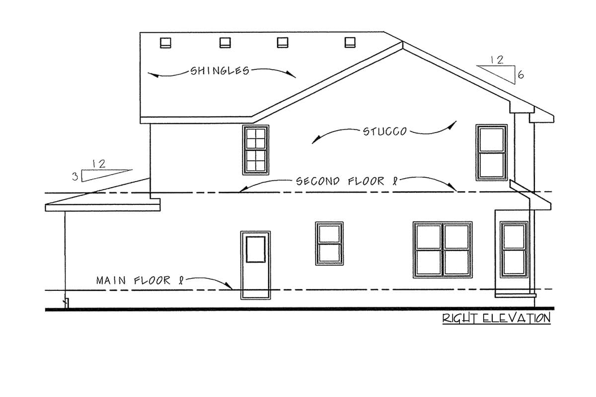 Right elevation house plan drawing showing stucco siding, shingled roof, main and second floors, and windows.
