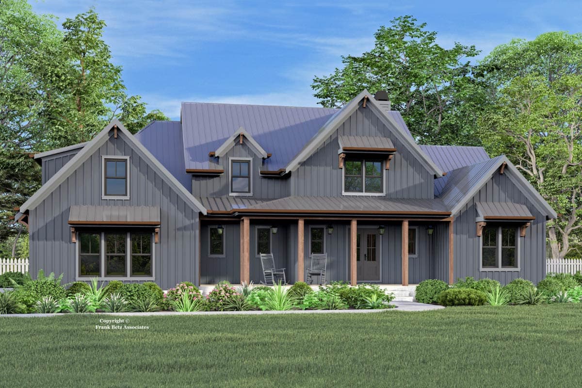House plan exterior. Two-story Modern Farmhouse style with a front porch, gables, and metal roof accents. Features include board and batten siding.