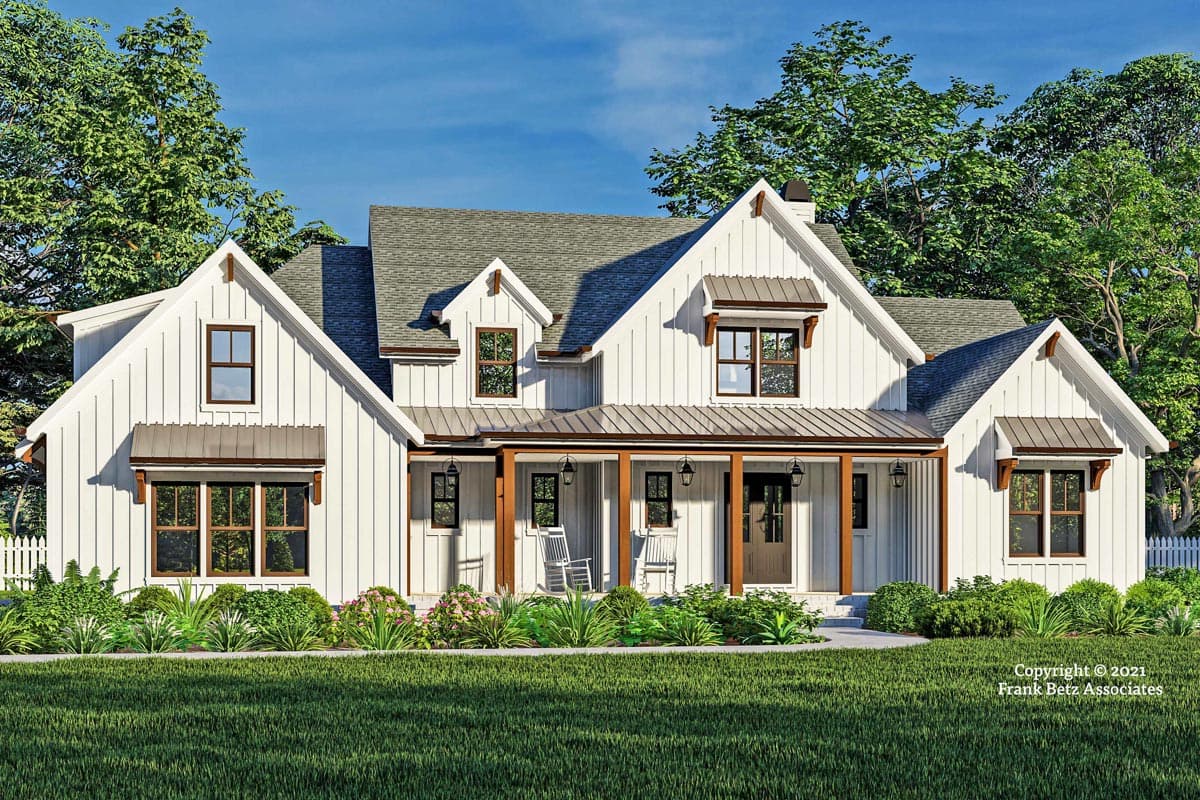 Modern Farmhouse house plan exterior with a covered front porch, board and batten siding, gables, and dormers.