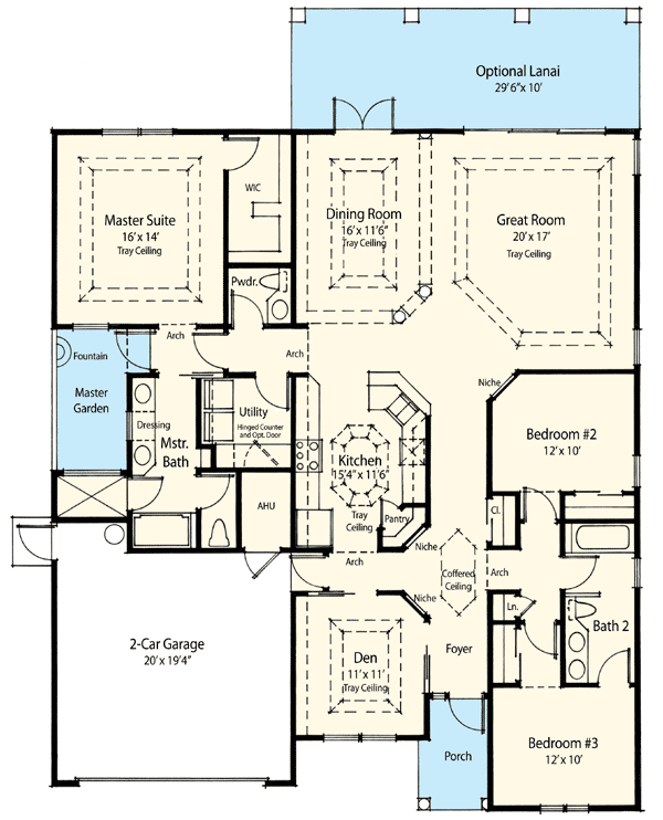 Plan 33083ZRX: One-Story Mediterranean-Style House Plan Under 2200 Square Feet with 3 Bedrooms - Floor Plan - Main Level - European, Florida-Style, Mediterranean