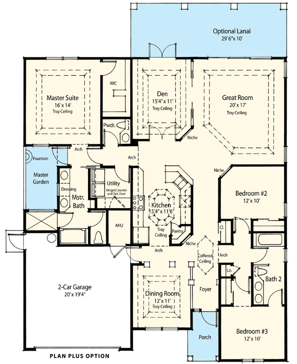 Plan 33083ZRX: One-Story Mediterranean-Style House Plan Under 2200 Square Feet with 3 Bedrooms - Floor Plan - Optional - European, Florida-Style, Mediterranean