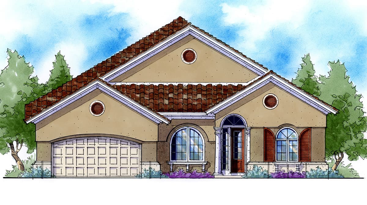 House plan exterior: Mediterranean style, single story, arched garage door, arched windows, tile roof, and central entry.