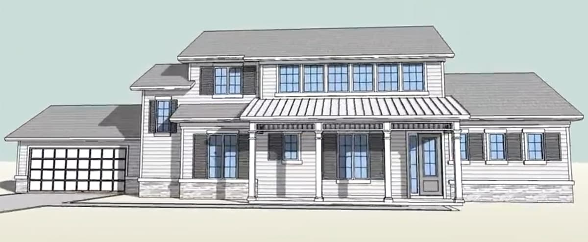 Two-story house plan exterior with a covered porch, gabled roofline, and attached two-car garage.