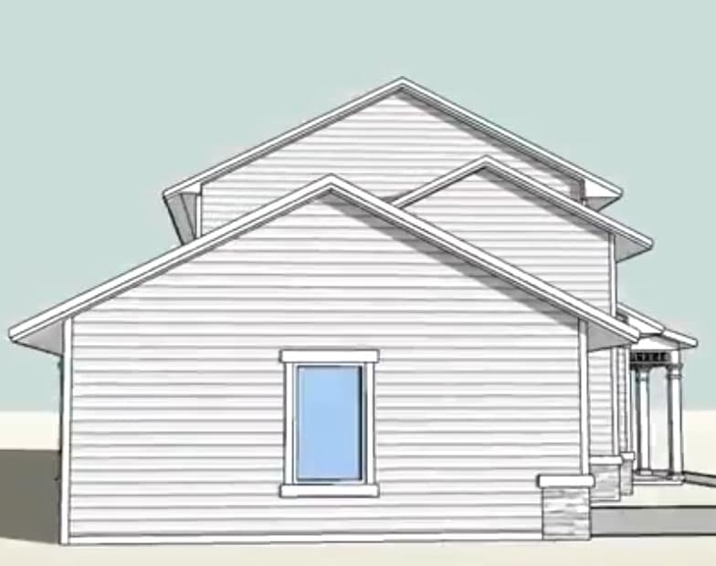 House plan exterior showing a two-story structure with layered gables, horizontal siding, and a covered entrance with columns.