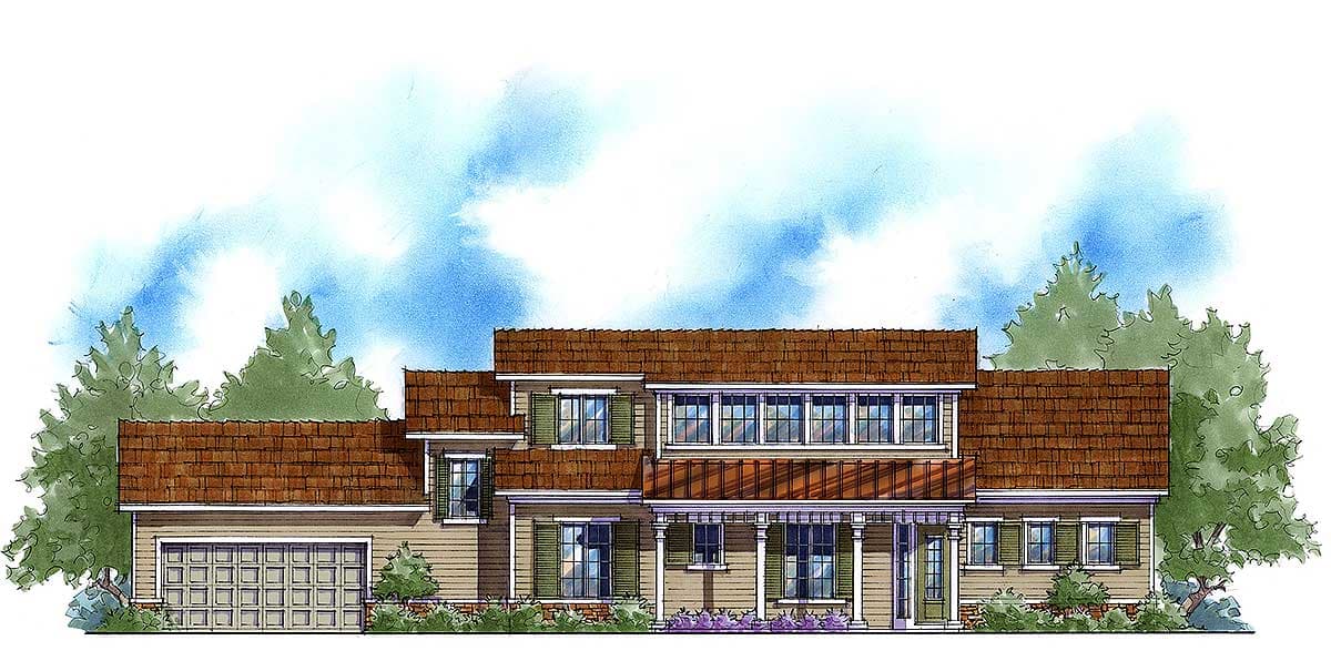 House plan exterior: Two-story Modern Farmhouse with covered porch, gabled dormers, and attached two-car garage.