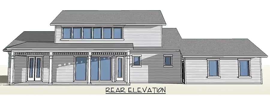 Rear elevation drawing of a two-story house with a covered porch, multiple windows, and a gabled roofline.